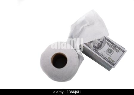 Toilet paper tissue and money of stack 100 US dollars banknote a lot of on white background, That was It costs expensive price and high priced product Stock Photo