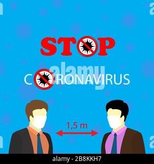 Men in White Medical Face Mask. Stop Pandemic Novel Coronavirus Blue Background Stock Vector