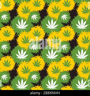 Canabis seamless pattern with white leaves on green and green leaves on yellow. Stock Vector