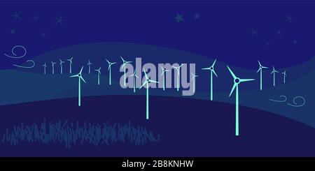 Wind turbines on hills, at night. Clean energy solutions concept colored in aqua menthe and phantom blue shades, trendy 2020 colors. Stock Vector