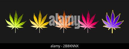Five Hemp (Canabis) leaves in green, yellow, orange, red, and purple gradients, isolated on black background. Stock Vector