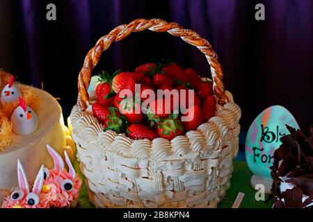 fresh strawberries in a cake basket, dessert food counter Stock Photo