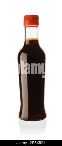 Soy sauce in a glass bottle isolated on white background. Stock Photo