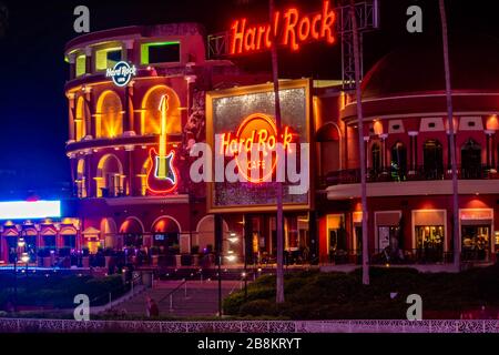 Orlando, Florida. February 12, 2020. Partial view of illuminated Hard Rock Cafe at Universals Citywalk Stock Photo