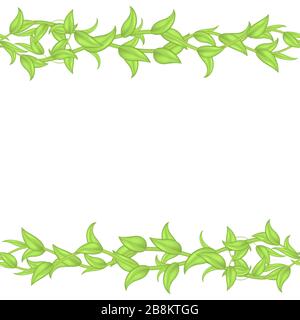 Horizontal seamless vector border or frame of green leaves and stems isolated on white background. Seamless pattern of interwoven ivy branches for Stock Vector