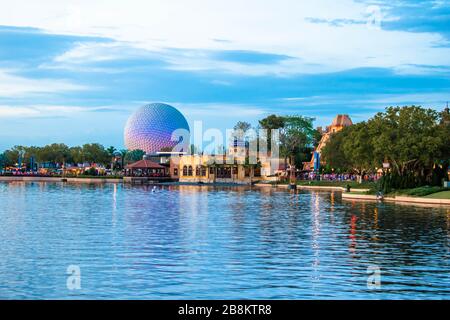 Orlando, Florida. March 11, 2020. Beautiful view of big sphere on sunset background at Epcot Stock Photo