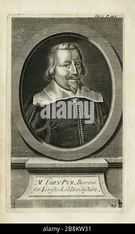 John Pym (died 1643), leading Member of the English Parliament and fierce critic of King Charles I of England.  Pym was one of the ‘five members’ of Parliament whose attempted arrest by the King in 1642 sparked the English Civil Wars. The five members' absence from the House of Commons prompted the King's famous remark 'I see the birds have flown'. Engraving created in the 1700s by Flemish engraver, Michael van der Gucht (1660-1725), after a portrait by Edward Bower (died 1667). Stock Photo