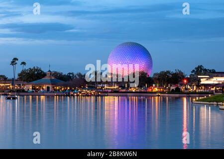 Orlando, Florida. March 11, 2020. Colorful sphere on susnset background at Epcot Stock Photo