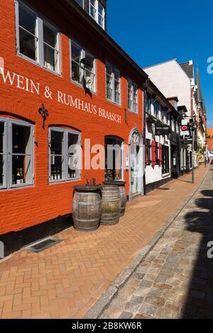 Wine house in Rote Strasse or red Street , city of Flensburg on the Flenburg Fjord, border town to Denmark, Schleswig-Holstein, North Germany, Europe, Stock Photo