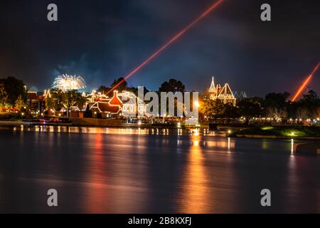 Orlando, Florida. March 11, 2020. Illuminated dockside background and fireworks  at Epcot Stock Photo