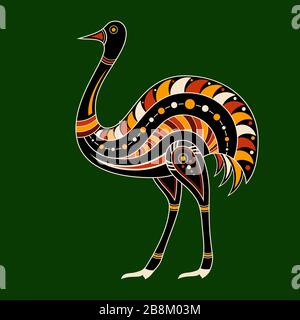 Ostrich. Aboriginal art style. Flat design. Vector color illustration isolated on green background. Stock Vector