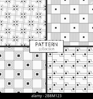 Set of four seamless patterns. Abstract geometric trendy vector backgrounds. Modern stylish textures of interlocking shapes, squares. Linear style. Stock Vector