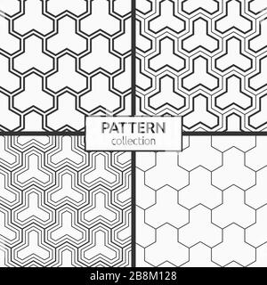 Set of four seamless patterns. Abstract geometric trendy vector backgrounds. Modern stylish textures. Geometric tiles with triple hexagonal elements. Stock Vector