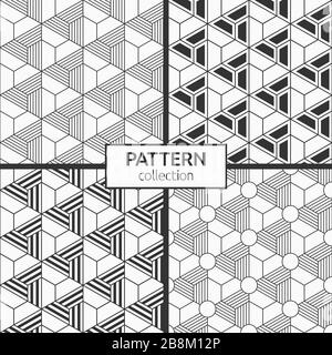 Set of four seamless patterns. Abstract geometric trendy vector backgrounds. Geometric tiles with triple hexagonal elements. Vector monochrome. Stock Vector