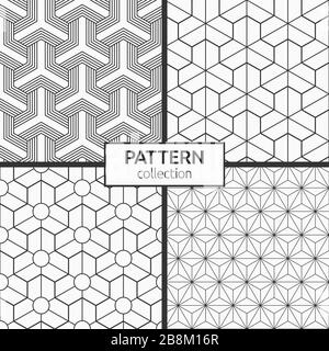 Set of four seamless patterns. Abstract geometric trendy vector backgrounds. Modern stylish textures. Geometric tiles with triple hexagonal elements. Stock Vector