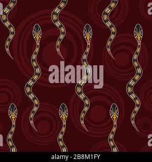 Seamless pattern of snakes with abstract circles on background. Australian art. Aboriginal painting style. Vector color background. Stock Vector