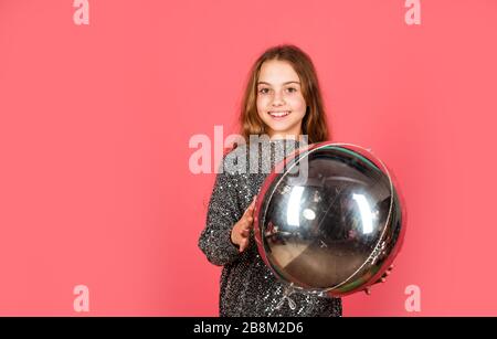 Metallic shining. Birthday girl. Happy child celebrate birthday. Small kid hold air balloon. Birthday anniversary celebration. Birthday party copy space. Shine bright like diamond. Silver decor. Stock Photo