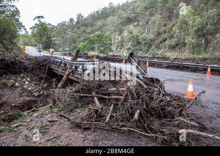 Damage to the Great Alpine Road caused by floods from heavy rains in the aftermath of the massive wildfires that destroyed millions of acres February 19, 2020 near Bairnsdale, Victoria, Australia. Stock Photo