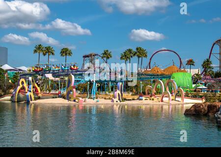 Orlando, Florida. March 15, 2019. People enjoying The High Seuss Trolley Train Ride in the Sky at Universals Islands of Adventure Stock Photo