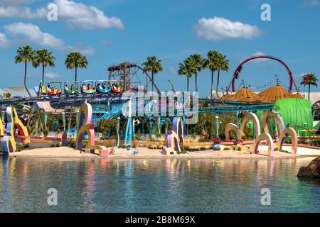 Orlando, Florida. March 15, 2019. People enjoying The High Seuss Trolley Train Ride in the Sky at Universals Islands of Adventure Stock Photo