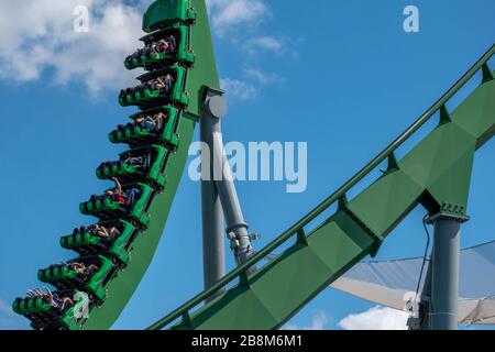 Orlando, Florida. March 15, 2019. People having fun amazing The Incredible Hulk roller coaster at Universals Islands of Adventure Stock Photo