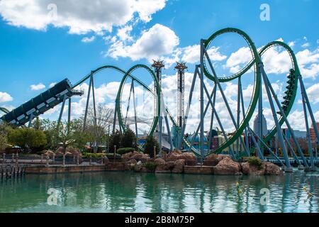 Orlando, Florida. March 15, 2019. People having fun amazing The Incredible Hulk roller coaster at Universals Islands of Adventure Stock Photo