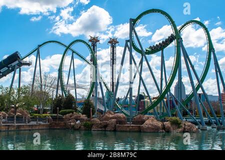 Orlando, Florida. March 15, 2019. People having fun amazing The Incredible Hulk roller coaster at Universals Islands of Adventure Stock Photo