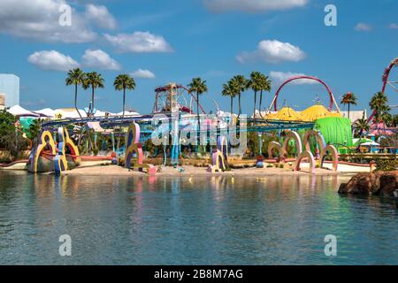 Orlando, Florida. March 15, 2019. The High Seuss Trolley Train Ride in the Sky at Universals Islands of Adventure Stock Photo