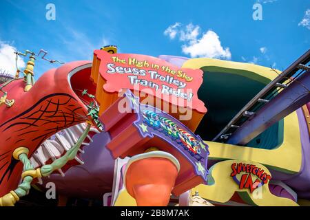 Orlando, Florida. March 15, 2019. The High Seuss Trolley Train Ride in the Sky sign at Universals Islands of Adventure Stock Photo