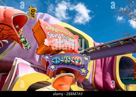 Orlando, Florida. March 15, 2019. The High Seuss Trolley Train Ride in the Sky sign at Universals Islands of Adventure Stock Photo