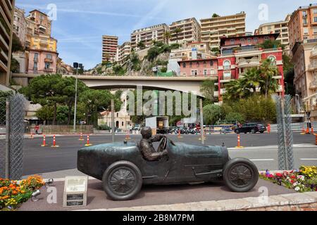 Principality of Monaco - April 16, 2018: Statue of William Grover (WILLIAMS) in his Bugatti 35B, winner of the first Monte Carlo Grand Prix 1929 Stock Photo