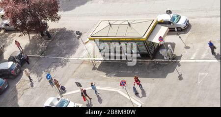 Queue at the supermarket. Italy. People at the a distance of one meter from each other. Coronavirus  Stock Photo