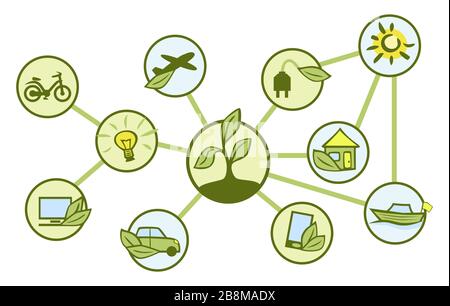 concept eco-friendly round icons plant technology transportation green by jziprian Stock Vector