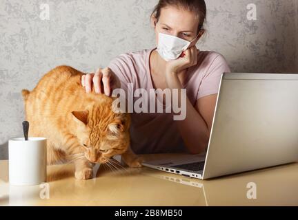 Work from home during outbreak of the COVID-19 virus. People work at home to prevent virus infection.  Woman working on the kitchen table near a cat Stock Photo