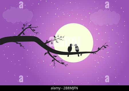 Two birds in love on a branch in the moonlight shadow. The birds are kissing and in the background is a full moon and a purple sky Stock Vector