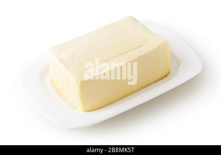 Fresh butter on white butter dish isolated on white background with clipping path Stock Photo
