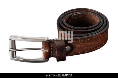 Brown genuine leather belt with classic metal buckle isolated on a white background. Men's stylish leather accessories. Front view. Stock Photo