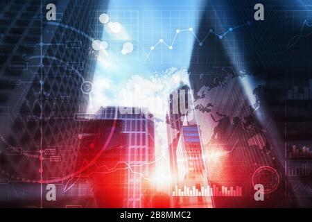 Business Control Panel on Virtual Screen Modern City Background. Stock Photo