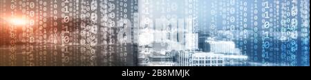 Binary computer code virtual city skyline. Matrix Mixed Media Background. Stock Photo