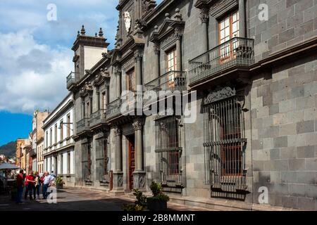 18th century facade of Casa Salazar Palace in San Agustin street in San Cristobal de La Laguna, the former capital of Tenerife Island, Canary Islands, Stock Photo