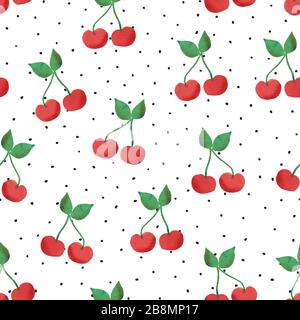 Cherry seamless vector pattern. Hand drawn cherries on dotted black and white background. Painted summer fruits on polka dot backdrop. Stock Vector