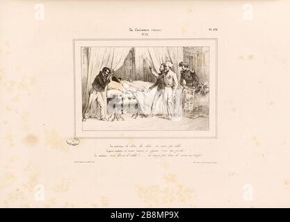 Doctors: Diet, diet, do not go beyond / The patient care: If you follow this diet you are lost! / The sick bed he is strong .... I'm not into trouble? Jules David (1808-1892). Caricature de presse. 'Les médecins : la diète, la diète, ne sortez pas delà / Le garde malade : si vous suivez ce régime vous êtes perdu ! / Le malade : mon lit est il solide ?... ne suis je pas dans de mauvais draps ?'. Planche parue dans 'La Caricature' du 30 août 1832. Lithographie. Paris, Maison de Balzac. Stock Photo