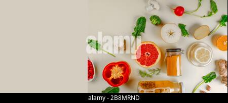Health and super food to boost immune system, high in antioxidants, anthocyanins, minerals and vitamins, over yellow background, clean eating, healthy Stock Photo