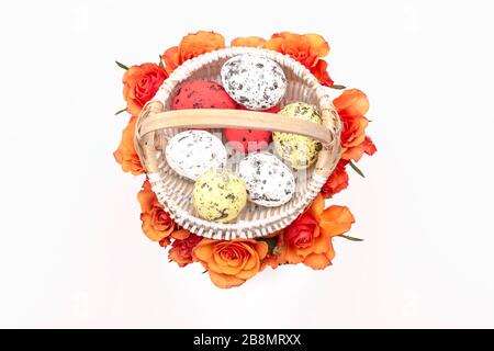 Easter eggs in the basket, Chickens in the eggs, Easter eggs, Happy easter card, Easter background Stock Photo