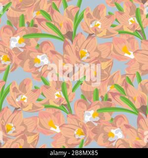 Hand drawn pink crocus flowers seamless floral pattern. Vector illustration Stock Vector