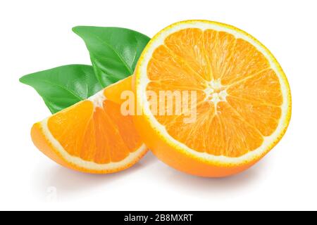 orange fruit slice with leaves isolated on white background Stock Photo