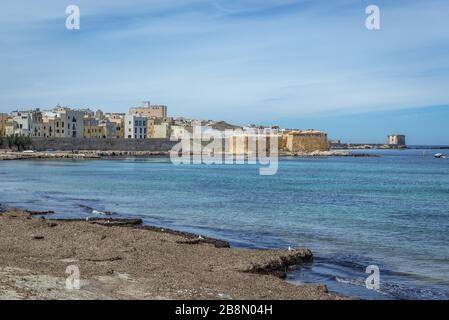 View from promenade of historic walls Mura di Tramontana with Bastion Conca and Torre di Ligny coastal watchtower in Trapani city, Sicily in Italy Stock Photo