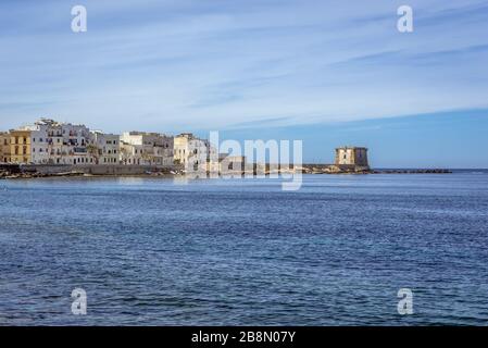 View from promenade of historic walls Mura di Tramontana with Bastion Conca and Torre di Ligny coastal watchtower in Trapani city, Sicily in Italy Stock Photo