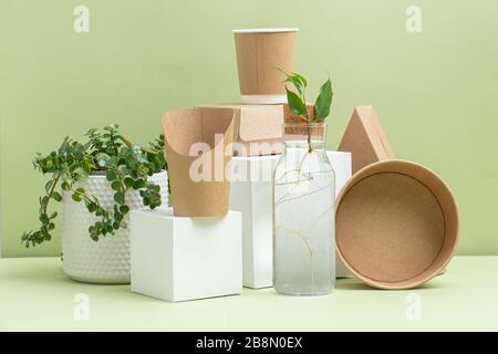 Eco-friendly disposable utensils made of bamboo wood and paper Stock Photo