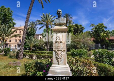 Bust of Giuseppe Mancino in Villa Bonanno park in Palermo city of Southern Italy, the capital of autonomous region of Sicily Stock Photo